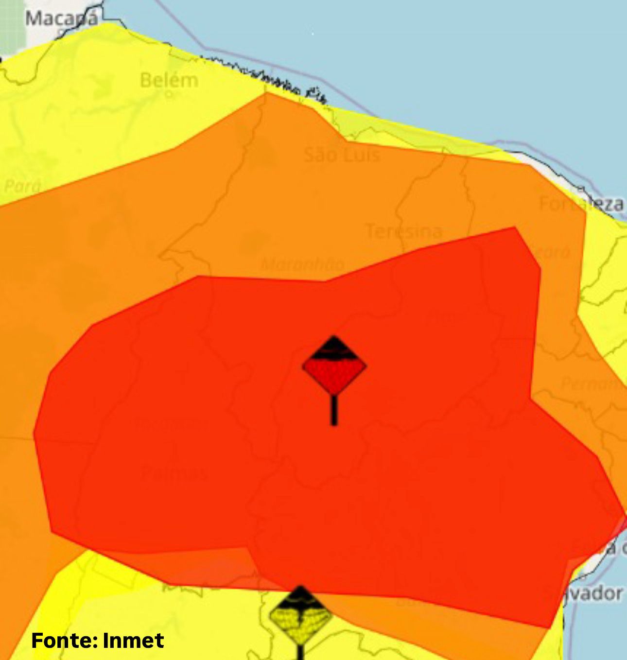 Mapa do INMET mostra áreas do Maranhão sob alerta vermelho, laranja e amarelo para chuvas intensas.