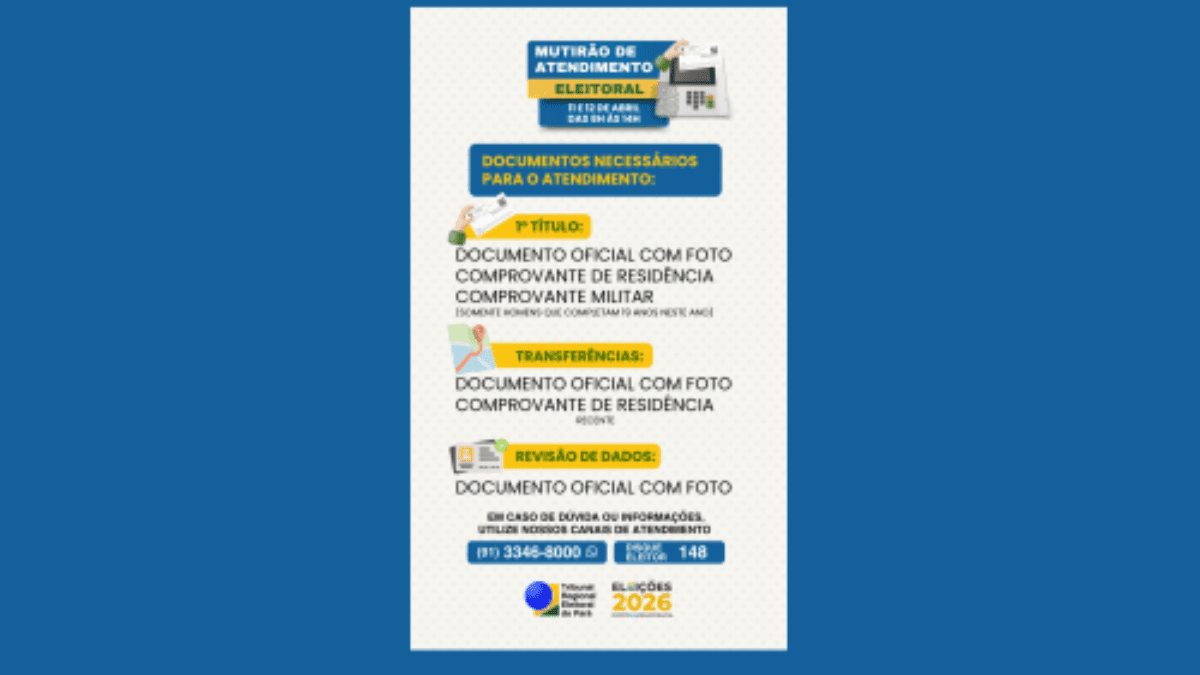 Mutirão eleitoral do TRE-PA com informações sobre documentos necessários para atendimento