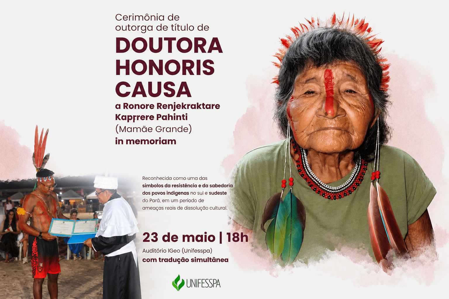 Zeca Gavião durante discurso no momento de recebimento do título de Doutora Honoris Causa concedido à Mamãe Grande durante cerimônia na Terra Indígena Mãe Maria
